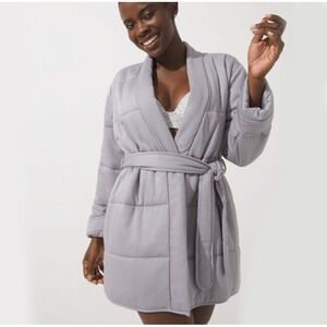 Soma Short Puffer Robe Gray Quilted Belted Loungewear Small